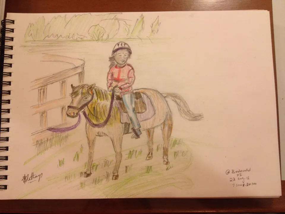 Horse and rider: colour pencil